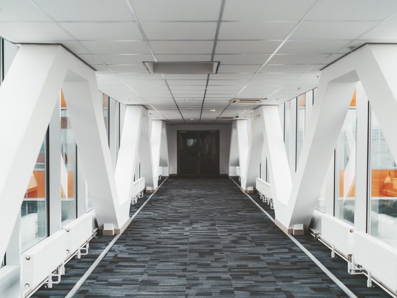 Modern office building passageway between two towers