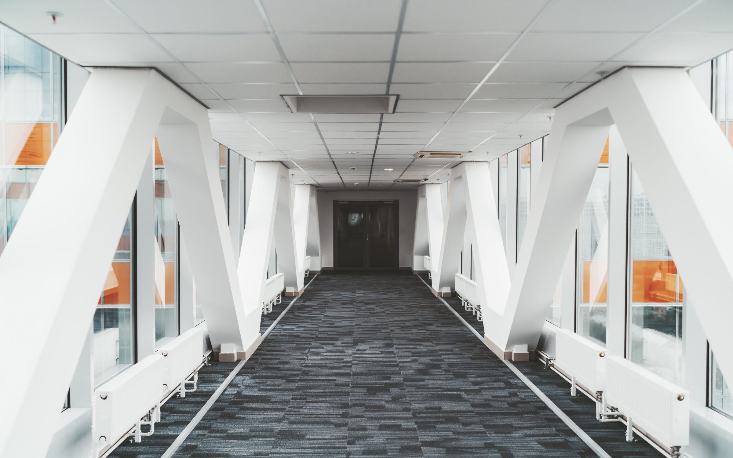 Modern office building passageway between two towers
