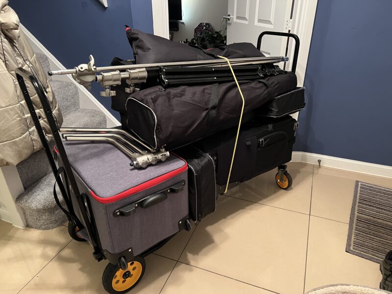 Professional video production equipment kit packed on location trolley - Zealous Media