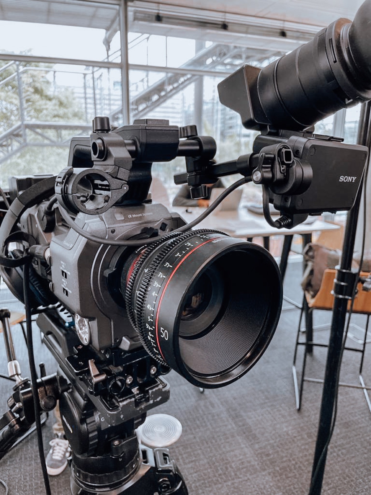 Sony FX9 with cine lens set up on location in an office